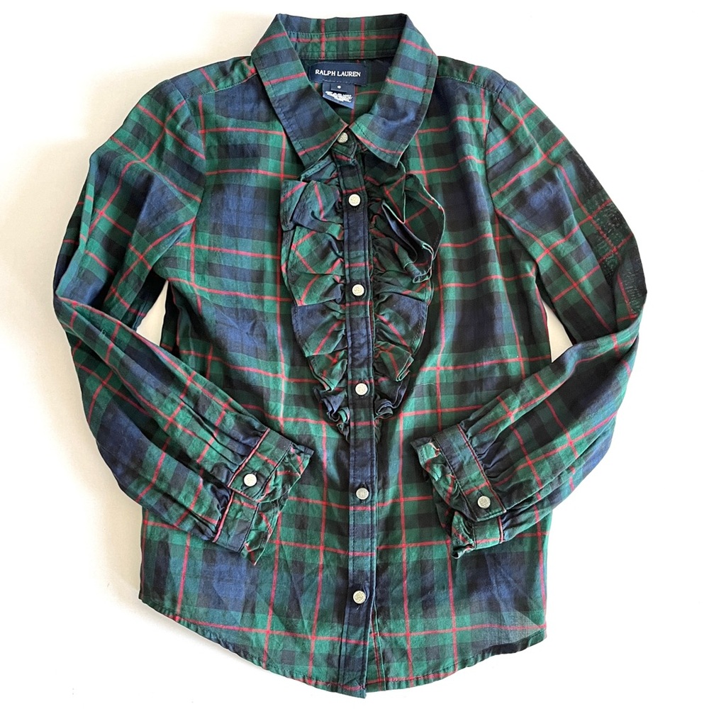 Ralph Lauren green red tartan plaid button front ruffle blouse girls 6 holiday